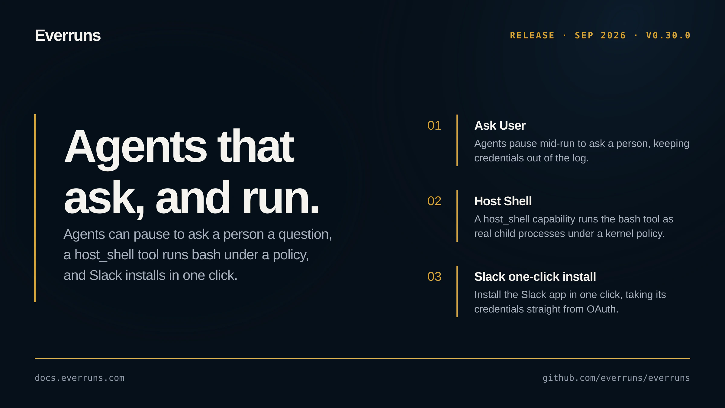 Everruns 0.30.0 release card with the version number and its highlights
