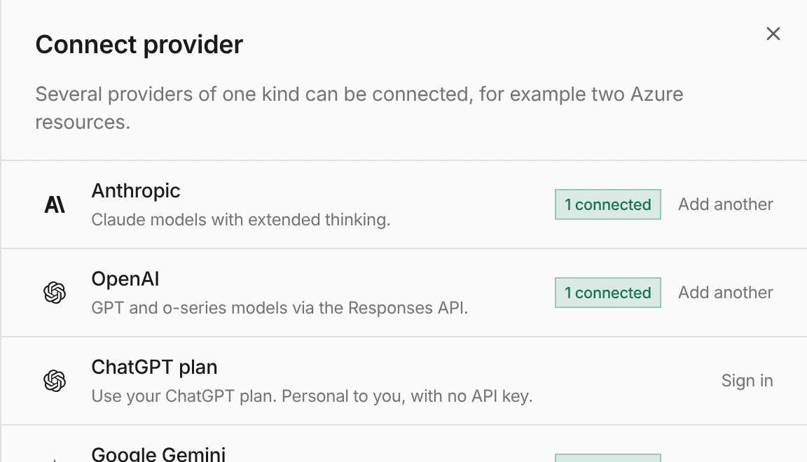 Connect provider sheet with the ChatGPT plan option and its Sign in action
