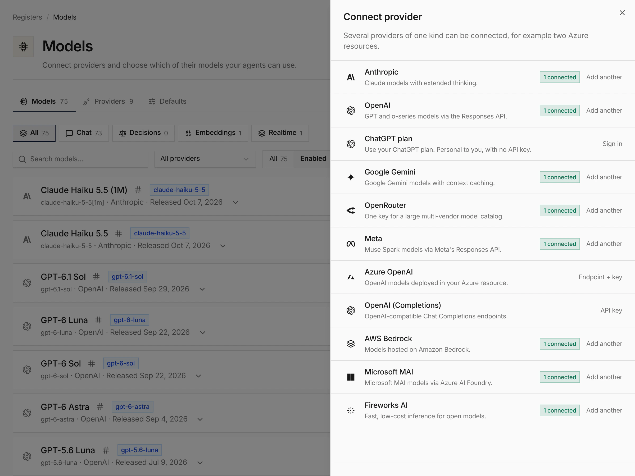 Models page with the Connect provider sheet listing providers and how many of each are connected